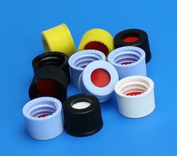 10-425mm Black Open Hole Polypropylene Closure, Bonded Red PTFE/Silicone Septa, 0.060 with Slit