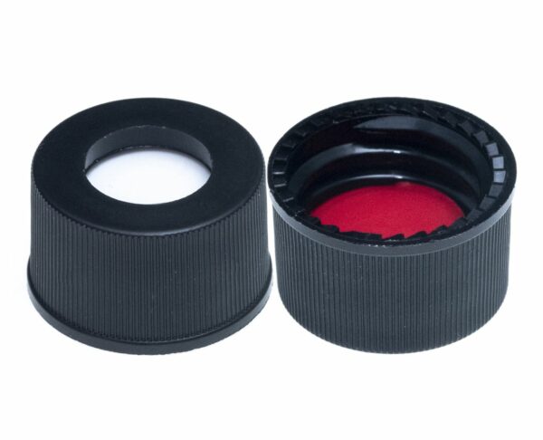 13-425mm Black Open Hole Polypropylene Closure, Red PTFE/Silicone Septa, 0.065"