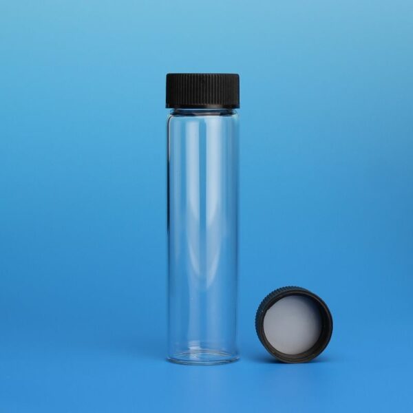 6 Dram, 23x85mm Vial, 20-400mm Thread, Black Polypropylene Solid Top Cap, PTFE/F217 Lined